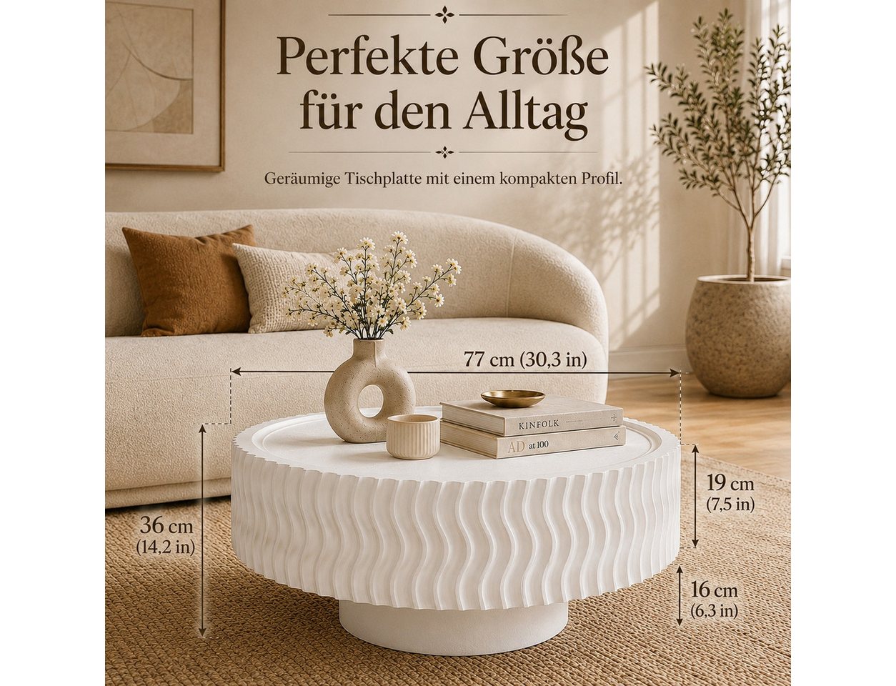 PEALOV Couchtisch mit erhöhtem Tischrand, moderner Sofatisch in Trommelform (1-St), mit Wellenstruktur und Holzmaserung, Ø 77 × H 36 cm – Bild 2 von 5