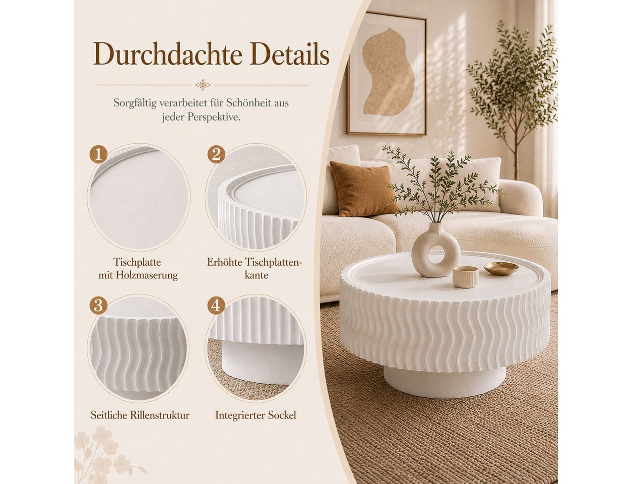 PEALOV Couchtisch mit erhöhtem Tischrand, moderner Sofatisch in Trommelform (1-St), mit Wellenstruktur und Holzmaserung, Ø 77 × H 36 cm – Bild 4 von 5