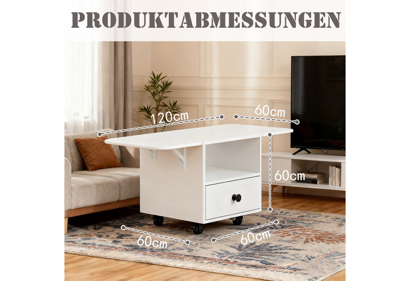 PEALOV Couchtisch mit Schubladen und Rollen, Ausziehbarer Wohnzimmertisch Weiß (1-St), 60–120 × 60 × 60 cm, mit praktischem Stauraum – Bild 2 von 5