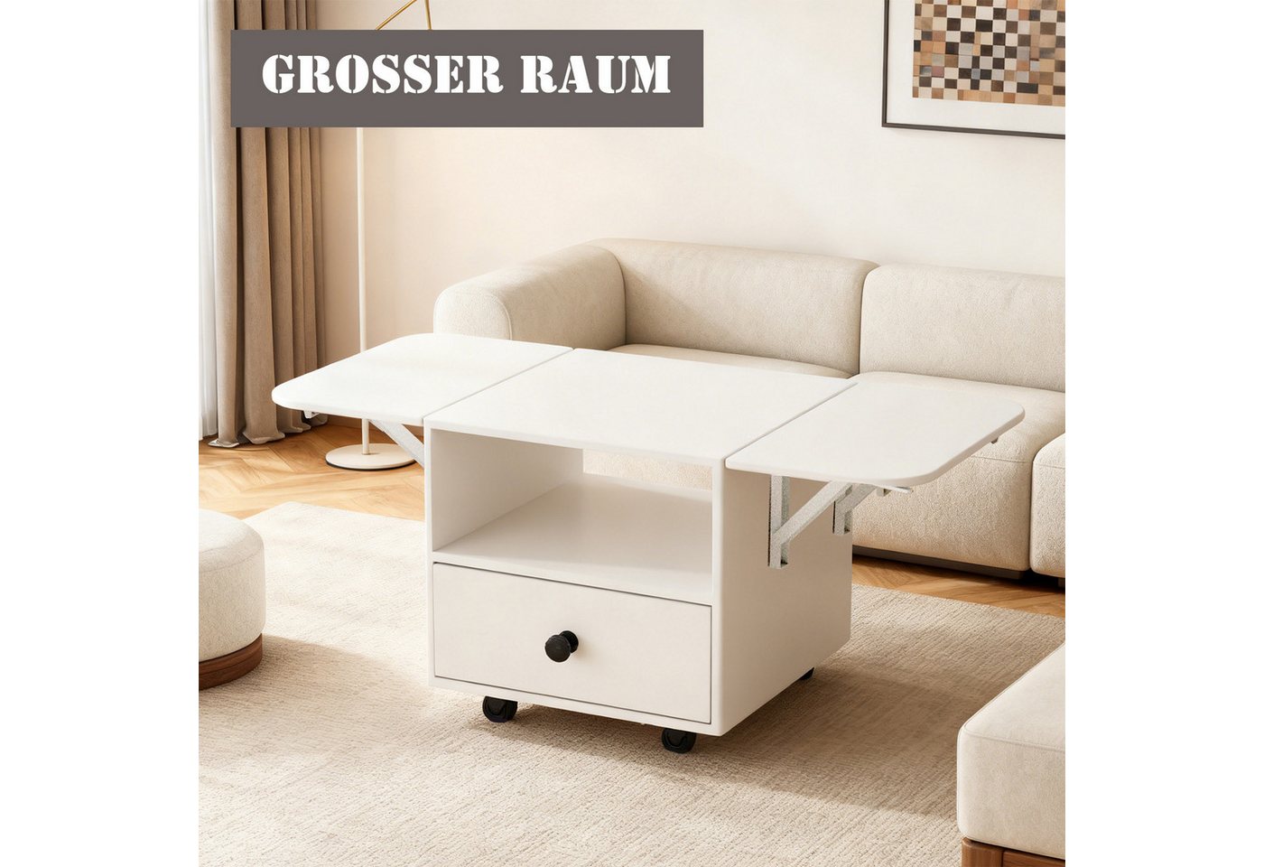 PEALOV Couchtisch mit Schubladen und Rollen, Ausziehbarer Wohnzimmertisch Weiß (1-St), 60–120 × 60 × 60 cm, mit praktischem Stauraum – Bild 5 von 5