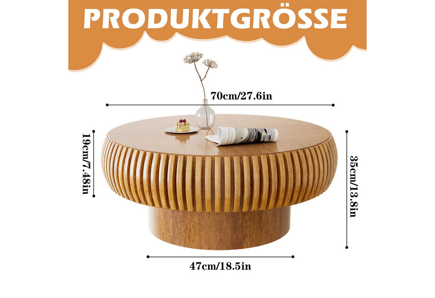 PEALOV Couchtisch rund, Ø 70 cm, mit Rillenstruktur, Braun, H 35 cm (1-St), Moderne Rillenstruktur – Bild 2 von 5