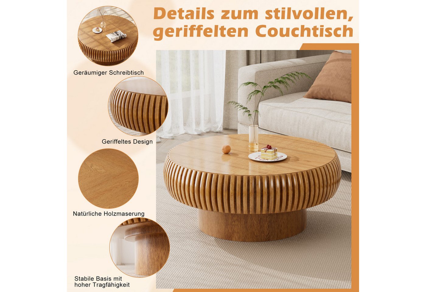 PEALOV Couchtisch rund, Ø 70 cm, mit Rillenstruktur, Braun, H 35 cm (1-St), Moderne Rillenstruktur – Bild 3 von 5