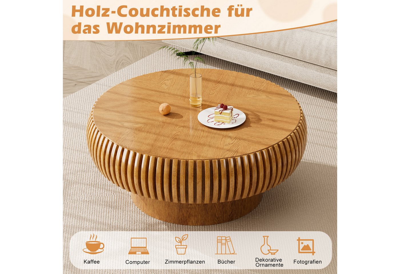 PEALOV Couchtisch rund, Ø 70 cm, mit Rillenstruktur, Braun, H 35 cm (1-St), Moderne Rillenstruktur – Bild 4 von 5