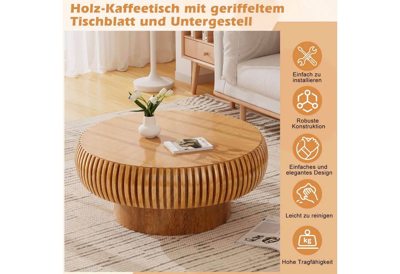 PEALOV Couchtisch rund, Ø 70 cm, mit Rillenstruktur, Braun, H 35 cm (1-St), Moderne Rillenstruktur – Bild 5 von 5