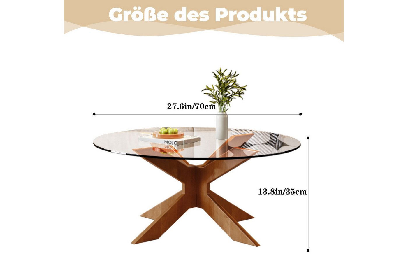 PEALOV Couchtisch Runder, Glasplatte, Durchmesser 70cm,X-Struktur-Design (1-St), X-Struktur-Design – Bild 2 von 5