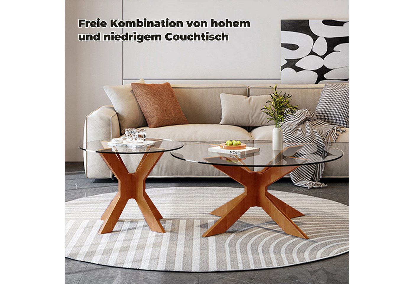 PEALOV Couchtisch Runder, Glasplatte, Durchmesser 70cm,X-Struktur-Design (1-St), X-Struktur-Design – Bild 5 von 5
