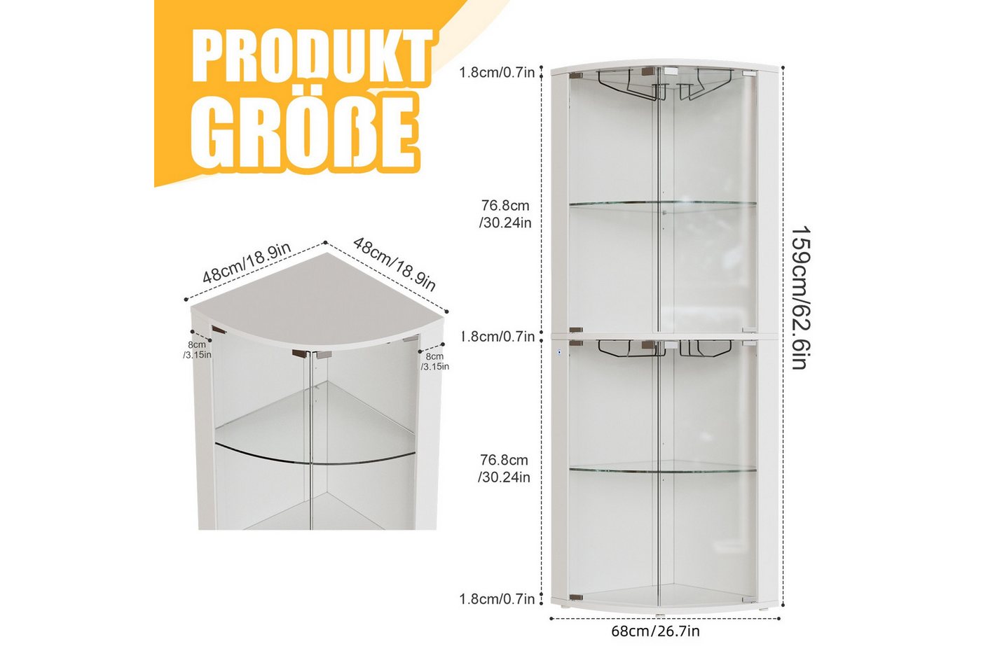 PEALOV Glasvitrine mit Tür, hängendes Weinglasregal für Küche, Esszimmer & Wohnzimmer (1-St) Weinschrank mit LED & Glashalter, 4-stufiger Eck-Barschrank – Bild 2 von 5
