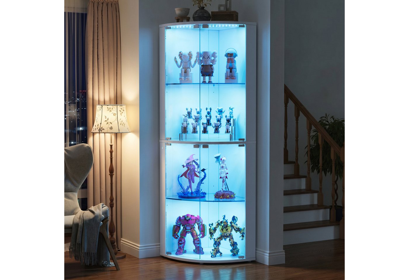 PEALOV Glasvitrine mit Tür, hängendes Weinglasregal für Küche, Esszimmer & Wohnzimmer (1-St) Weinschrank mit LED & Glashalter, 4-stufiger Eck-Barschrank – Bild 4 von 5