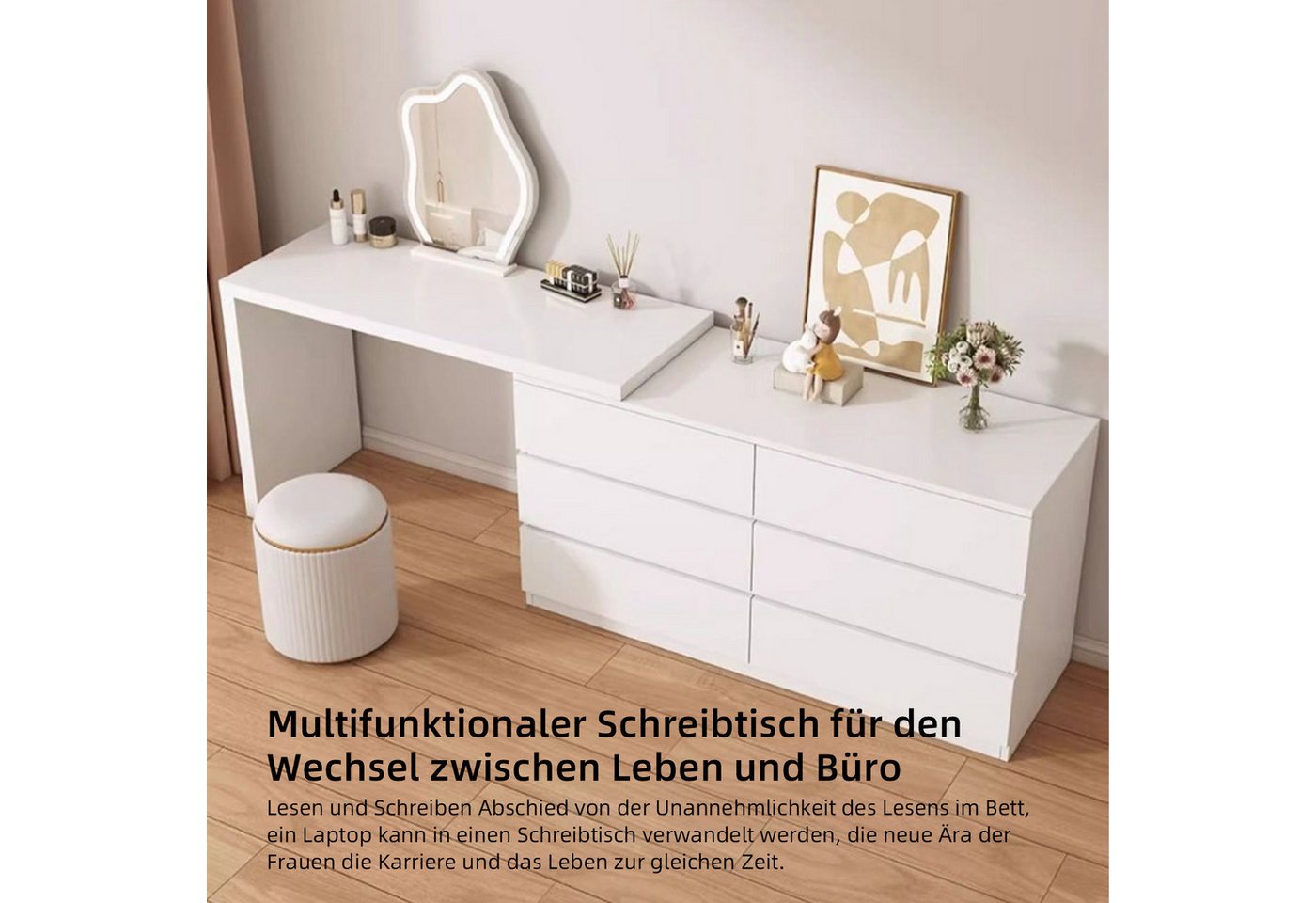PEALOV Schminktisch mit LED-Spiegel, drehbarer Tischplatte und 6 Schubladen (1-St), Weißer Frisiertisch, vielseitig als Kommode oder Schreibtisch nutzbar – Bild 4 von 5