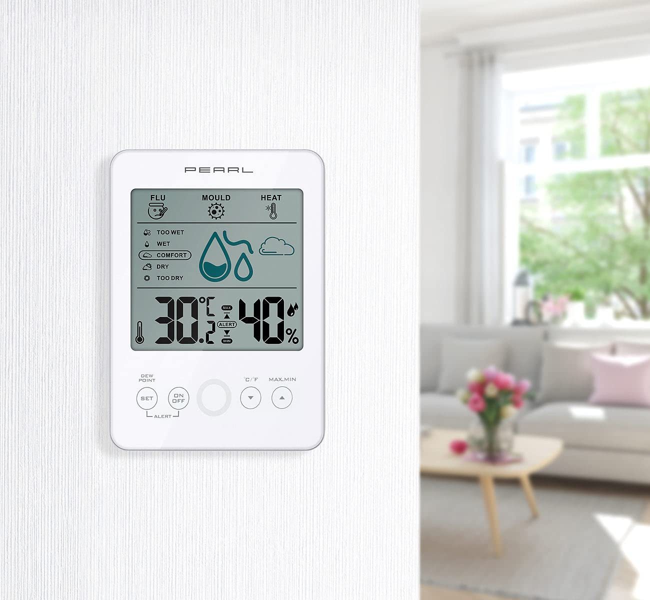 PEARL Hygrometer Digitales Hygro-/Thermometer mit Schimmel-Alarm & Komfort-Anzeige weiß – Bild 5 von 5