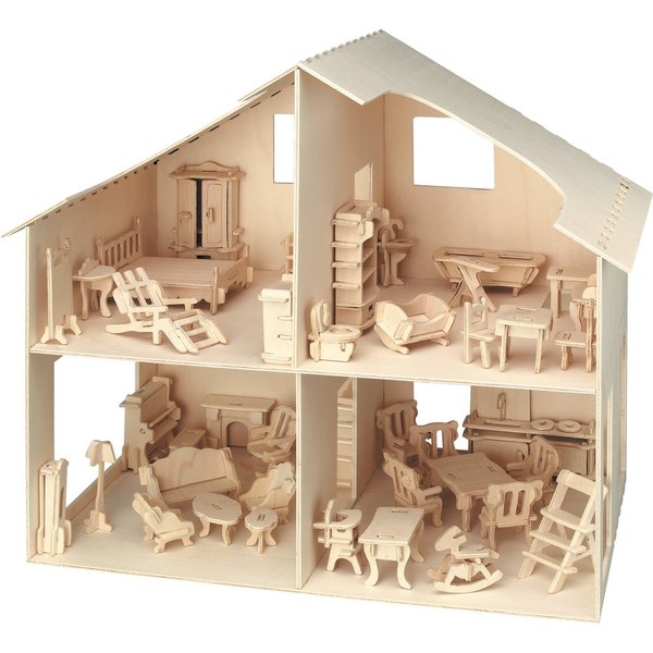 Pebaro 3D-Puzzle Holzbausatz Puppenhaus mit Möbeln, 880, 252 Puzzleteile