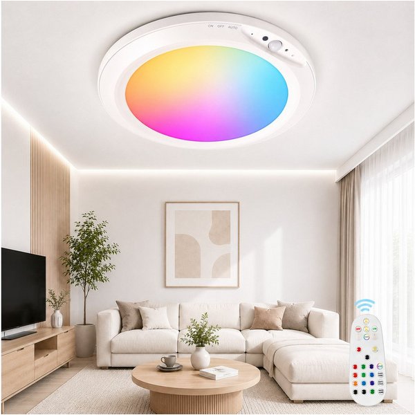 pedete Deckenleuchte LED Deckenleuchte Akku RGB Deckenleuchte Flach Rund Ø20CM 4200 mAh, LED fest integriert, mit Bewegungsmelder, 6500K RGB, deckenlampe bunt, 