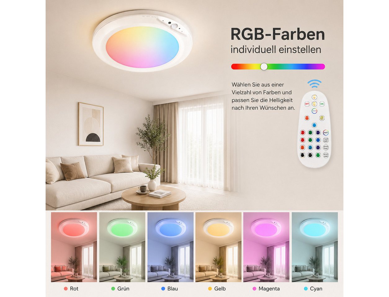 pedete Deckenleuchte LED Deckenleuchte Akku RGB Deckenleuchte Flach Rund Ø20CM 4200 mAh, LED fest integriert, mit Bewegungsmelder, 6500K RGB, deckenlampe bunt,  – Bild 2 von 5