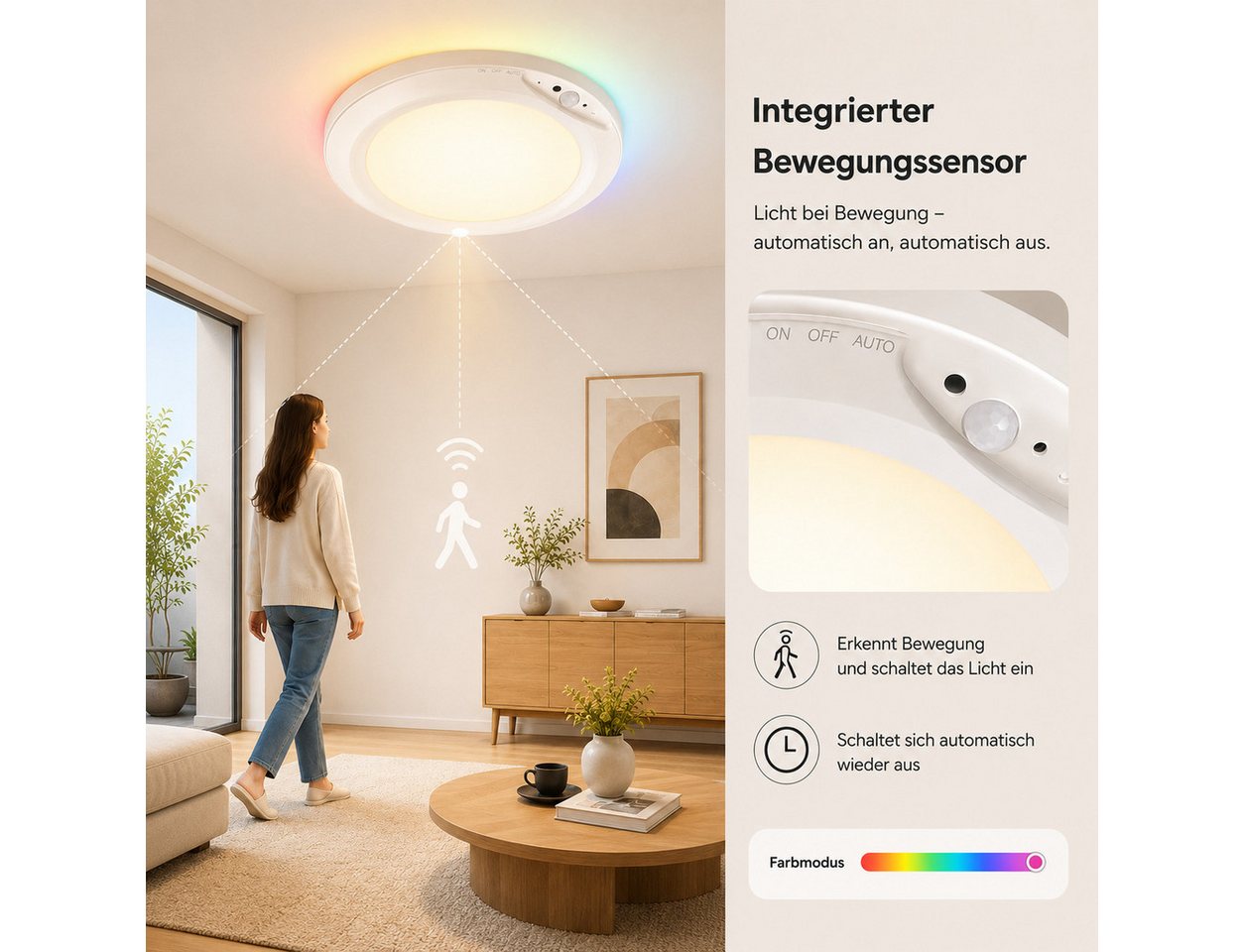 pedete Deckenleuchte LED Deckenleuchte Akku RGB Deckenleuchte Flach Rund Ø20CM 4200 mAh, LED fest integriert, mit Bewegungsmelder, 6500K RGB, deckenlampe bunt,  – Bild 4 von 5