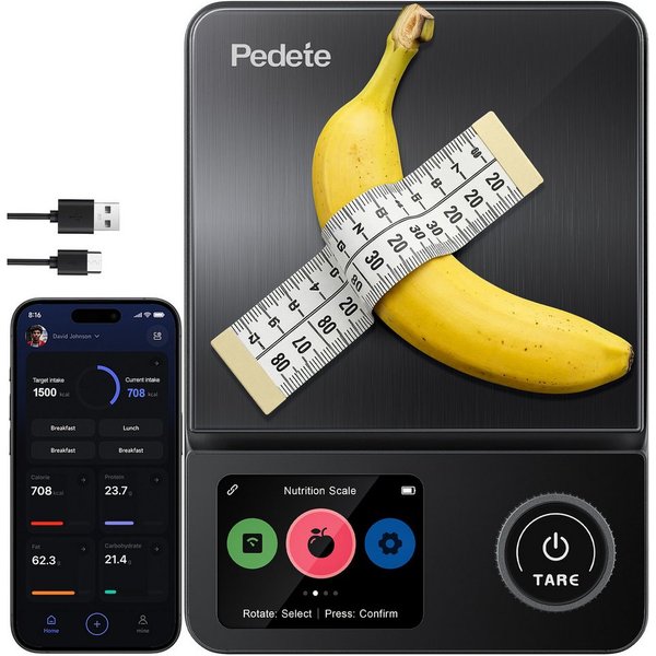 pedete Küchenwaage Digitale ProfiFein waage Kitchen Scale mit LCD Display, (Bluetooth-Verbindungs-App,Kaloriendatenanalyse, 5kg Digitale Kuchenwaage aus Edelsta