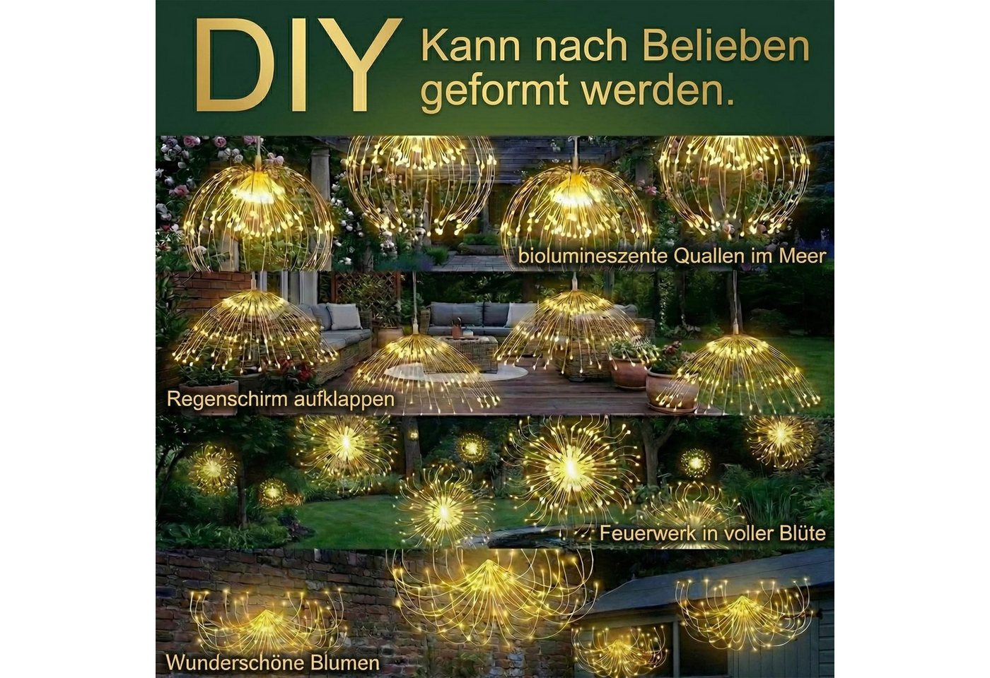 pedete LED Solarleuchte LED Solar Gartendeko 540 LED Feuerwerk Solarleuchten–Formbar, 26cm Feuerwerk hängend, gartendeko, solarlampen für außen, Bunt, Warmweiß, – Bild 4 von 5