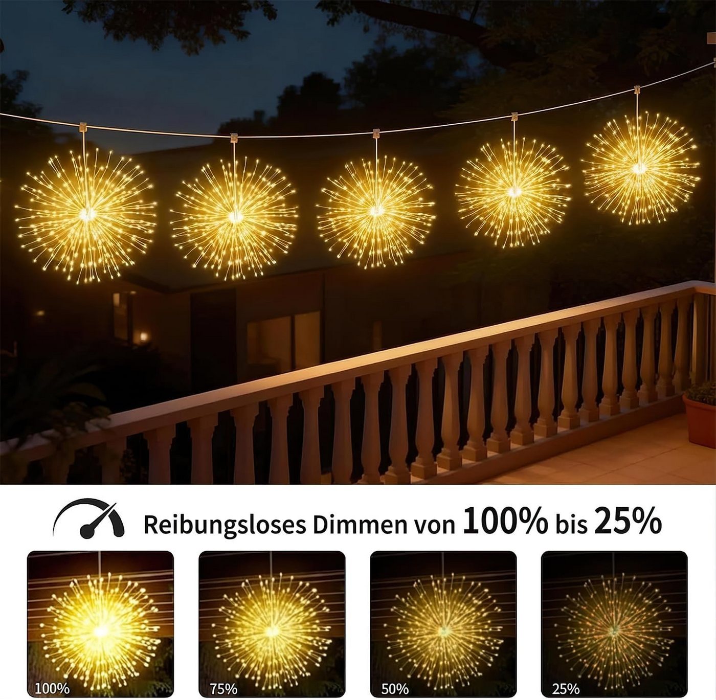 pedete LED Solarleuchte LED Solar Gartendeko 540 LED Feuerwerk Solarleuchten–Formbar, 26cm Feuerwerk hängend, gartendeko, solarlampen für außen, Bunt, Warmweiß, – Bild 5 von 5