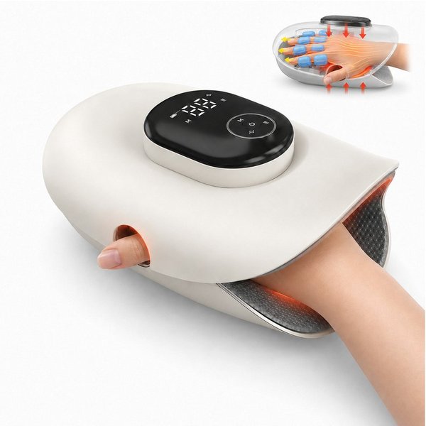 pedete Massagegerät Handmassagegerät mit Wärme & Kompression Elektrischer Handmassager, Kabelloser Hand Massager Schmerzlinderung für Finger, 4 Programme, 5 Dru