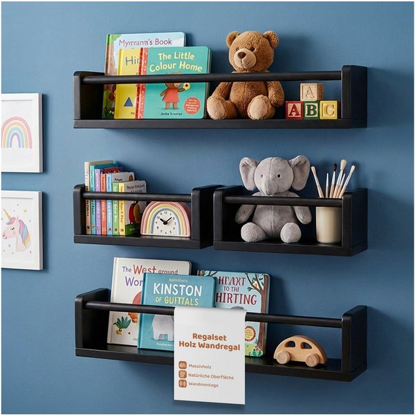 PEGSEN Deko-Wandregal Regal Set aus Echtholz Schweberegal für Deko Kinderzimmer, Set 4-tlg., flexibel kombinierbar