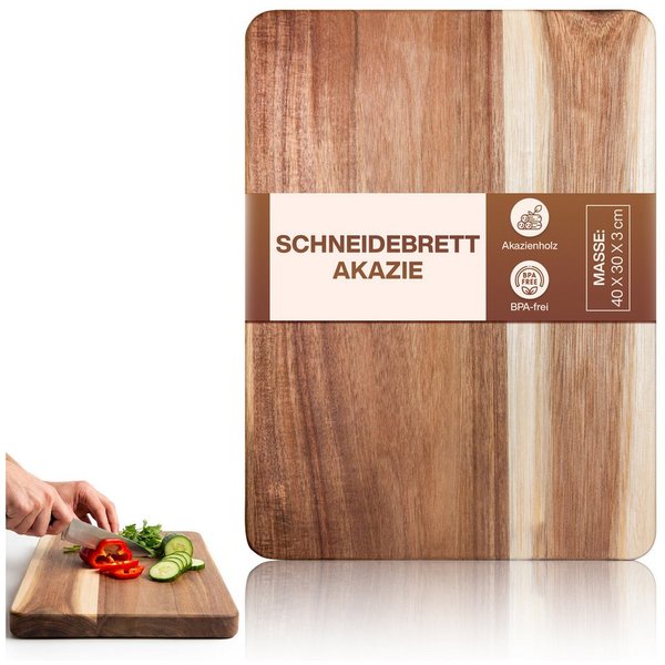 PEGSEN Schneidebrett Premium Küchenbrett Hackblock Holzschneidebrett 40x30x3cm, Massivholz, Akazienholz, mit rutschfesten Standfüßen, Servierbrett & Tranchierbr