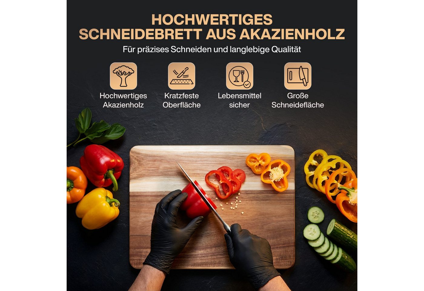 PEGSEN Schneidebrett Premium Küchenbrett Hackblock Holzschneidebrett 40x30x3cm, Massivholz, Akazienholz, mit rutschfesten Standfüßen, Servierbrett & Tranchierbr – Bild 2 von 5