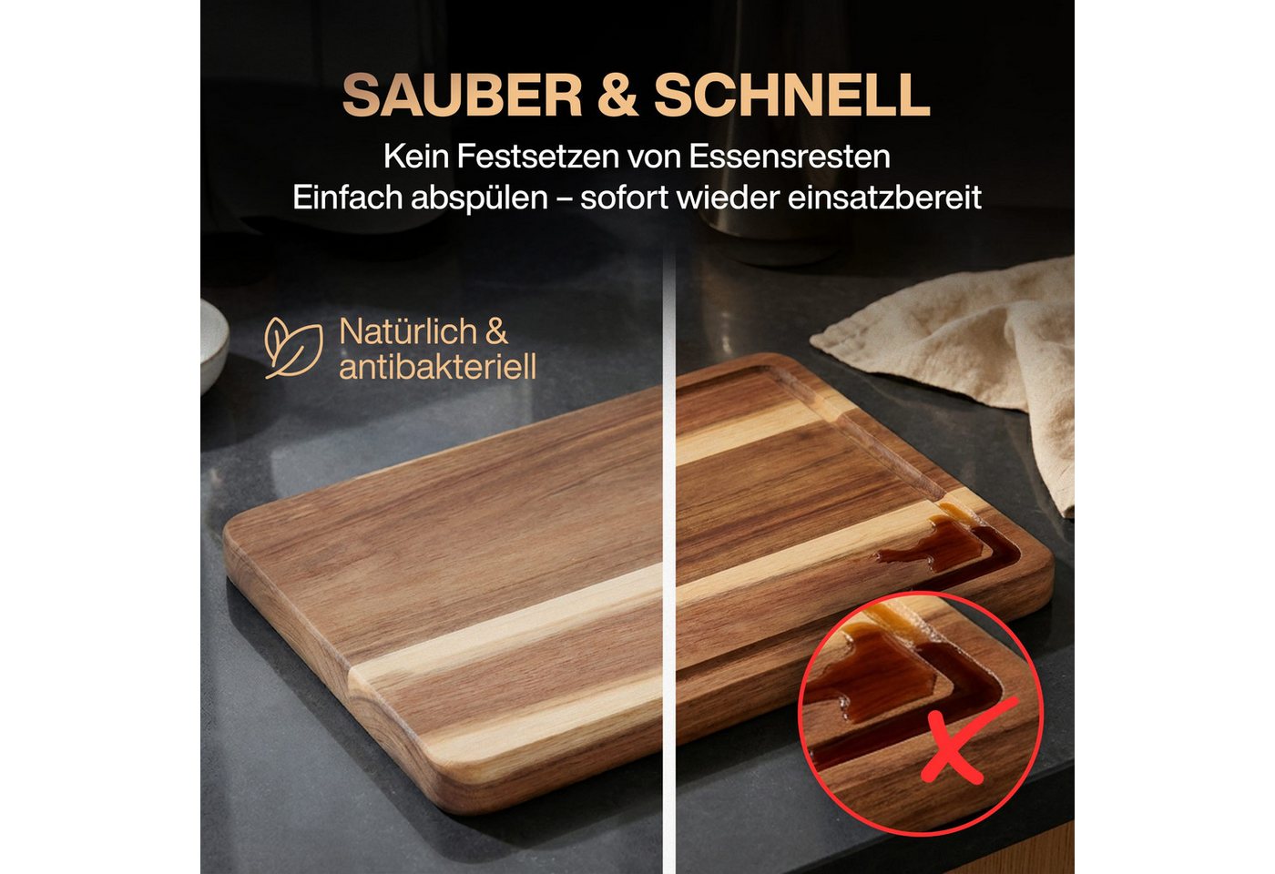PEGSEN Schneidebrett Premium Küchenbrett Hackblock Holzschneidebrett 40x30x3cm, Massivholz, Akazienholz, mit rutschfesten Standfüßen, Servierbrett & Tranchierbr – Bild 5 von 5