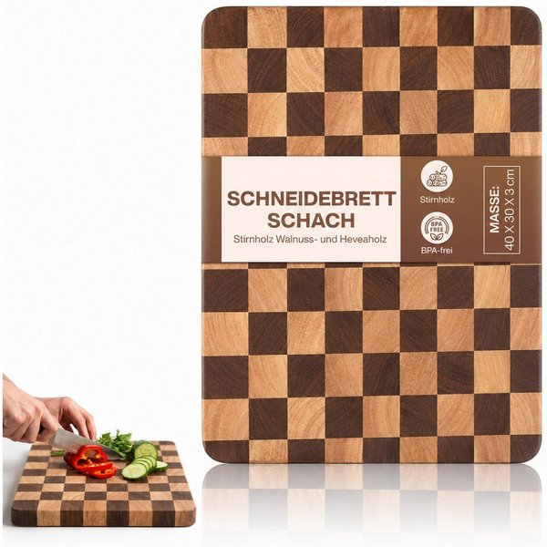 PEGSEN Schneidebrett Premium Küchenbrett Hackblock Holzschneidebrett 40x30x3cm, Stirnholz, Walnuss und Heveaholz, mit rutschfesten Standfüßen, Servierbrett & Tr