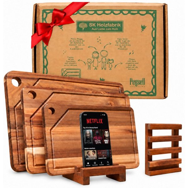 PEGSEN Schneidebrett Set Küchenbretter aus Holz mit Saftrille & Brettständer, Akazie, (Set, 4-St., 3 Schneidebretter mit Holzständer), inkl. Tablet - und Handyh
