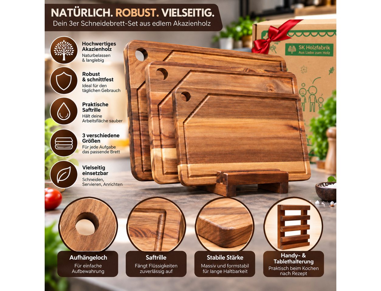 PEGSEN Schneidebrett Set Küchenbretter aus Holz mit Saftrille & Brettständer, Akazie, (Set, 4-St., 3 Schneidebretter mit Holzständer), inkl. Tablet - und Handyh – Bild 2 von 5
