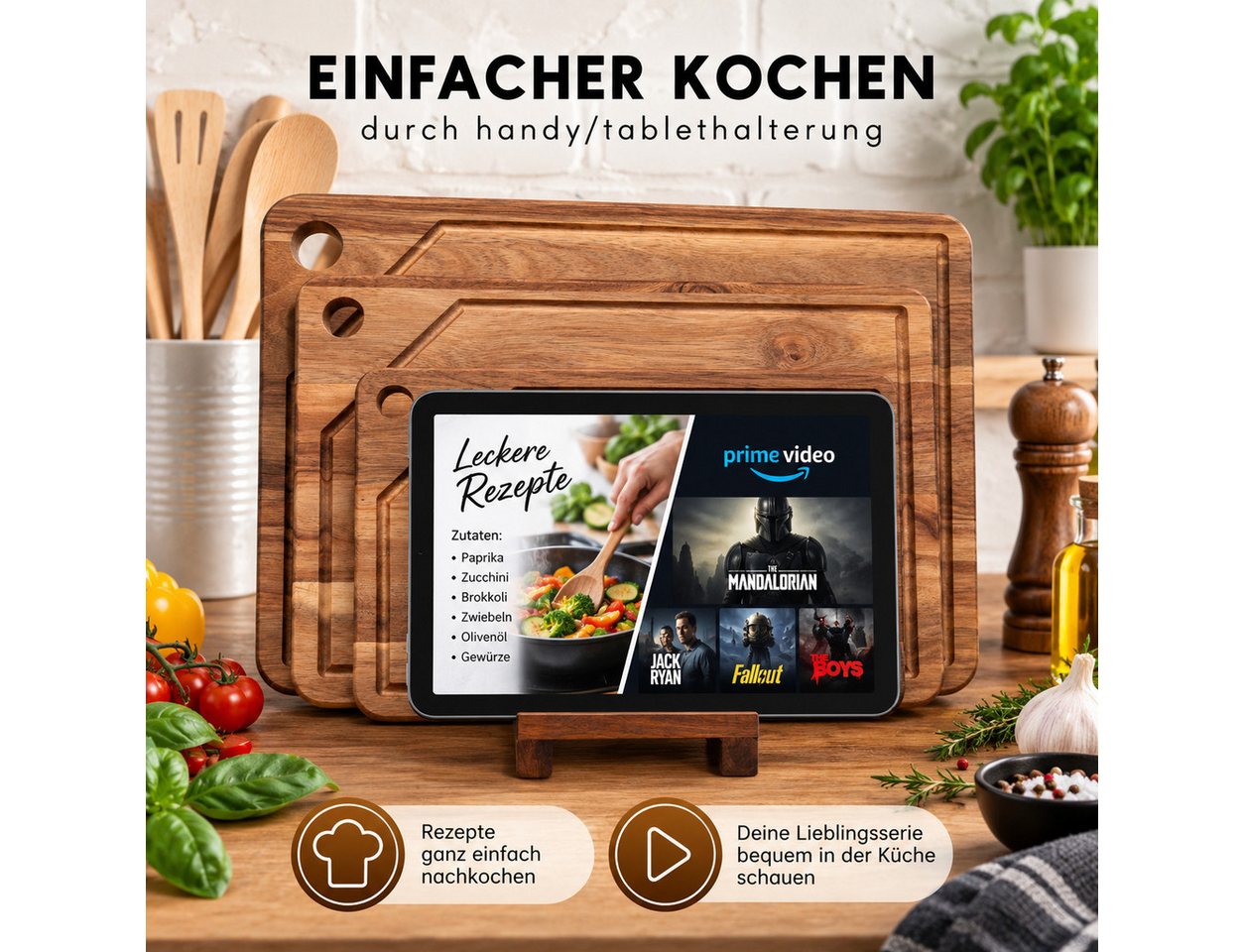 PEGSEN Schneidebrett Set Küchenbretter aus Holz mit Saftrille & Brettständer, Akazie, (Set, 4-St., 3 Schneidebretter mit Holzständer), inkl. Tablet - und Handyh – Bild 5 von 5