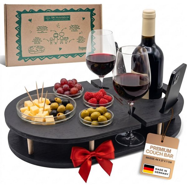 PEGSEN Servier-Set Weinbar Couchbar mit 4 Glasschalen, Birkenholz, Weingläser & Snacks stehen stabil und sicher