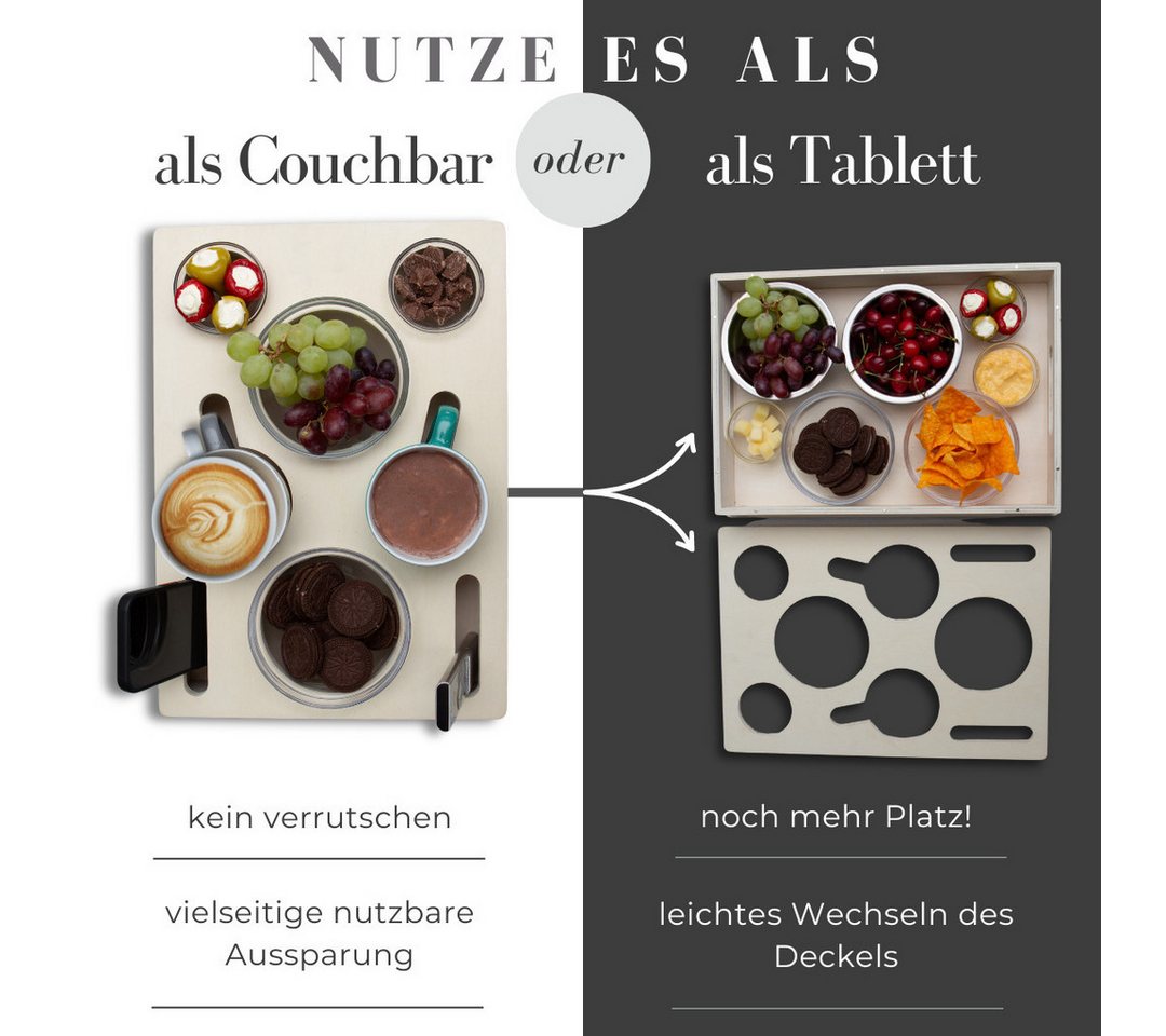 PEGSEN Servierplatte All in One Couchbar Sofatablett mit 4 Snackschalen, Birkenholz, (Set, 5-tlg., abnehmbarer Deckel, mit 4 lebensmittelechten Glasschalen), pa – Bild 2 von 5
