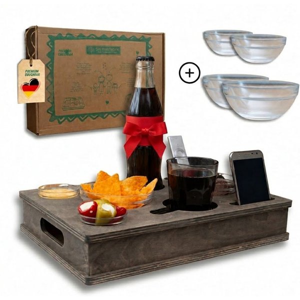 PEGSEN Servierplatte All in One Couchbar Sofatablett mit 4 Snackschalen, Birkenholz, (Set, 5-tlg., abnehmbarer Deckel, mit 4 lebensmittelechten Glasschalen), pa