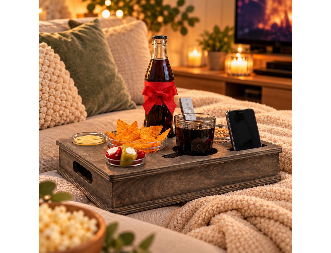 PEGSEN Servierplatte All in One Couchbar Sofatablett mit 4 Snackschalen, Birkenholz, (Set, 5-tlg., abnehmbarer Deckel, mit 4 lebensmittelechten Glasschalen), pa – Bild 2 von 5