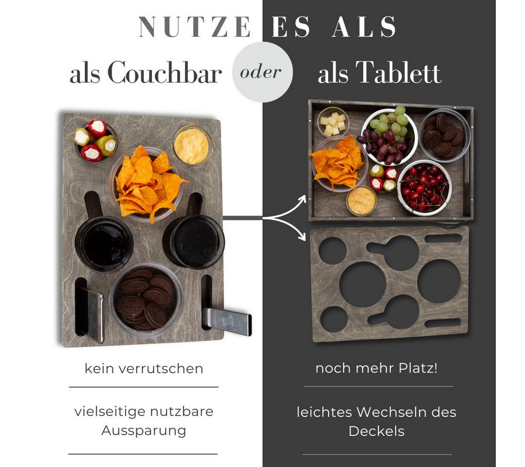PEGSEN Servierplatte All in One Couchbar Sofatablett mit 4 Snackschalen, Birkenholz, (Set, 5-tlg., abnehmbarer Deckel, mit 4 lebensmittelechten Glasschalen), pa – Bild 4 von 5