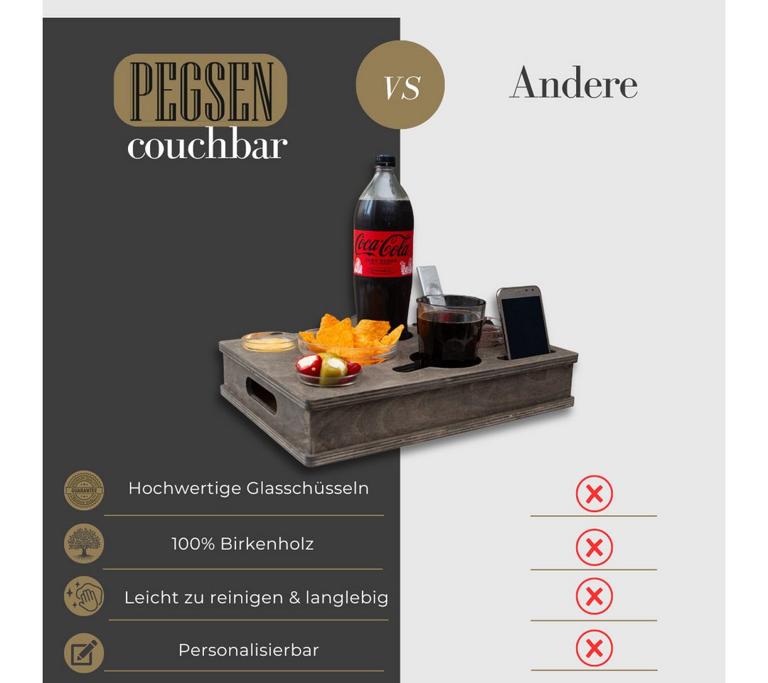 PEGSEN Servierplatte All in One Couchbar Sofatablett mit 4 Snackschalen, Birkenholz, (Set, 5-tlg., abnehmbarer Deckel, mit 4 lebensmittelechten Glasschalen), pa – Bild 5 von 5