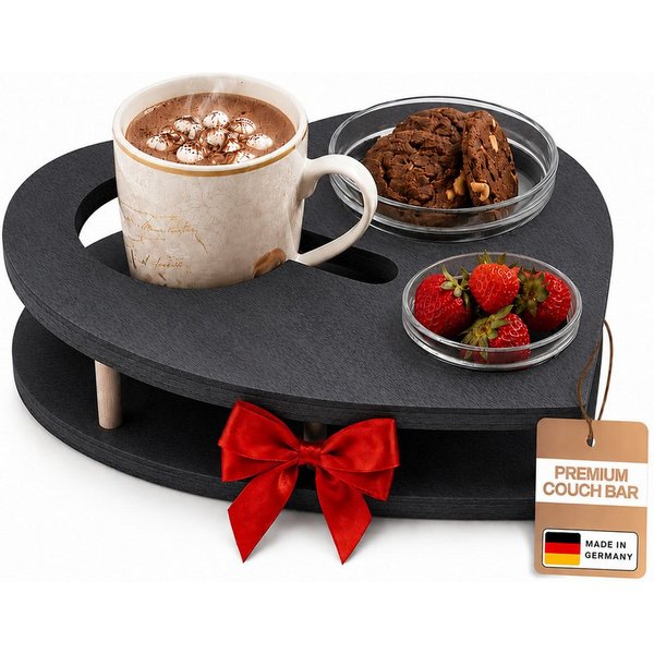PEGSEN Servierplatte Couchbar Herz aus Holz mit Getränkehalter & 2 Snackschalen, Birkenholz, (Geschenkset, 3-tlg., lebensmittelechte Glasschalen, Snackbox, Sofa
