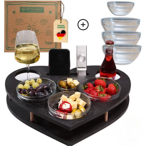 PEGSEN Servierplatte Couchbar Snackbox Herz mit 4 Snackschalen Sofa Tablett, Birkenholz, (Geschenkset inkl. Geschenkkarton, 5-tlg., lebensmittelechte Glasschale