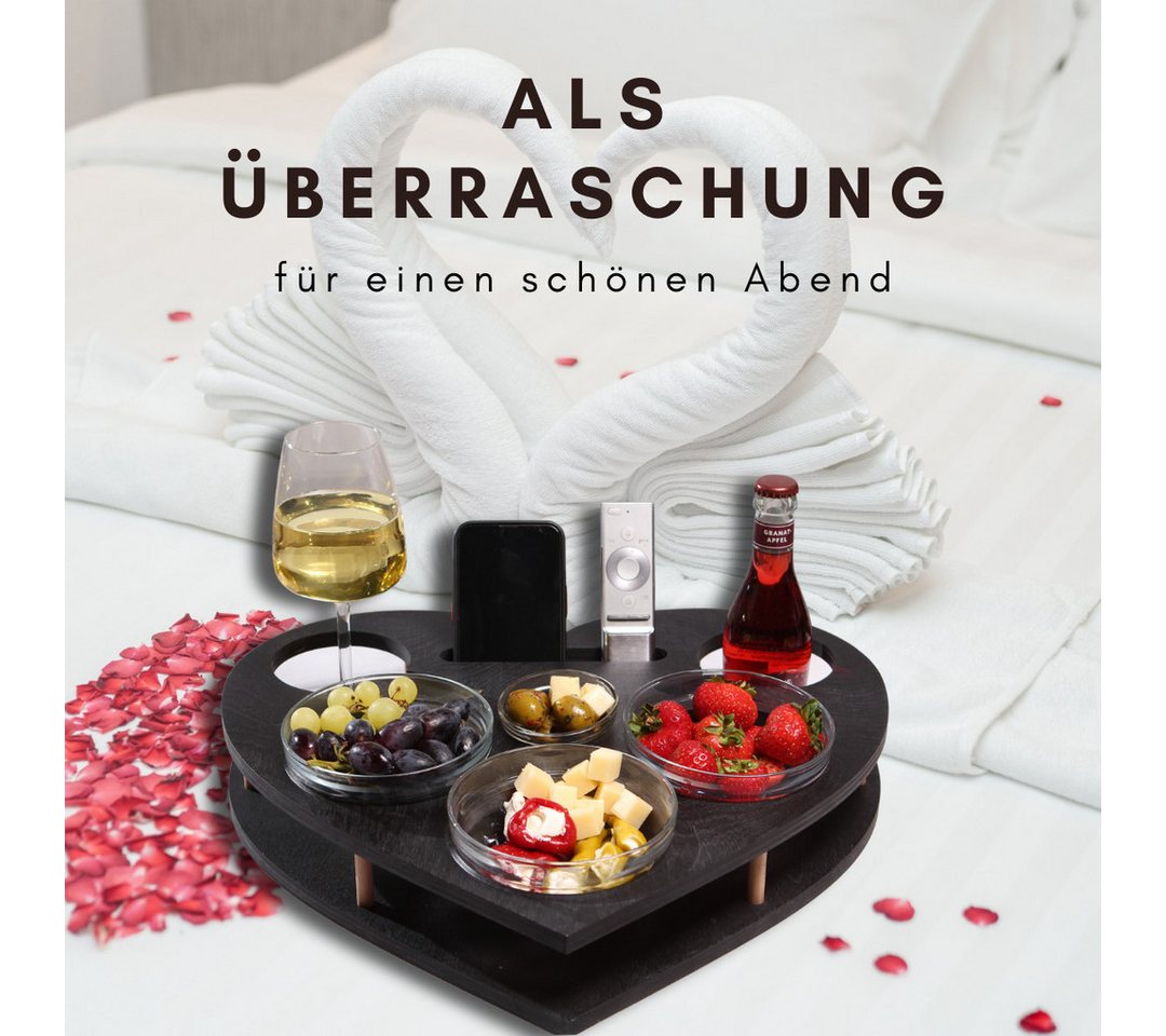 PEGSEN Servierplatte Couchbar Snackbox Herz mit 4 Snackschalen Sofa Tablett, Birkenholz, (Geschenkset inkl. Geschenkkarton, 5-tlg., lebensmittelechte Glasschale – Bild 2 von 5