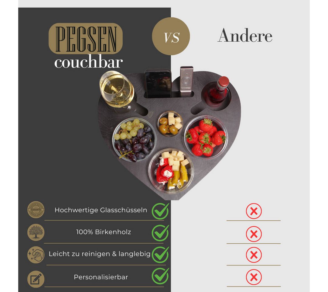 PEGSEN Servierplatte Couchbar Snackbox Herz mit 4 Snackschalen Sofa Tablett, Birkenholz, (Geschenkset inkl. Geschenkkarton, 5-tlg., lebensmittelechte Glasschale – Bild 3 von 5