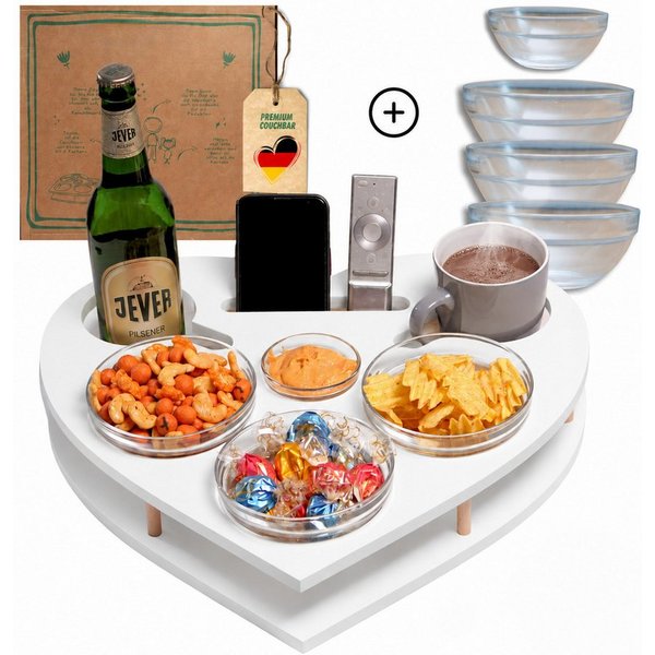 PEGSEN Servierplatte Couchbar Snackbox Herz mit 4 Snackschalen Sofa Tablett, Birkenholz, (Geschenkset inkl. Geschenkkarton, 5-tlg., lebensmittelechte Glasschale