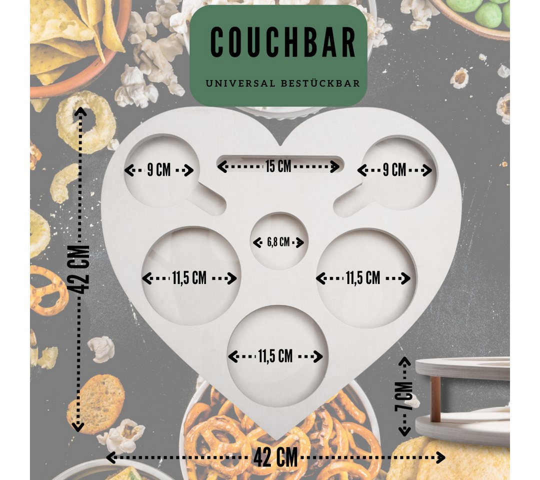 PEGSEN Servierplatte Couchbar Snackbox Herz mit 4 Snackschalen Sofa Tablett, Birkenholz, (Geschenkset inkl. Geschenkkarton, 5-tlg., lebensmittelechte Glasschale – Bild 2 von 5