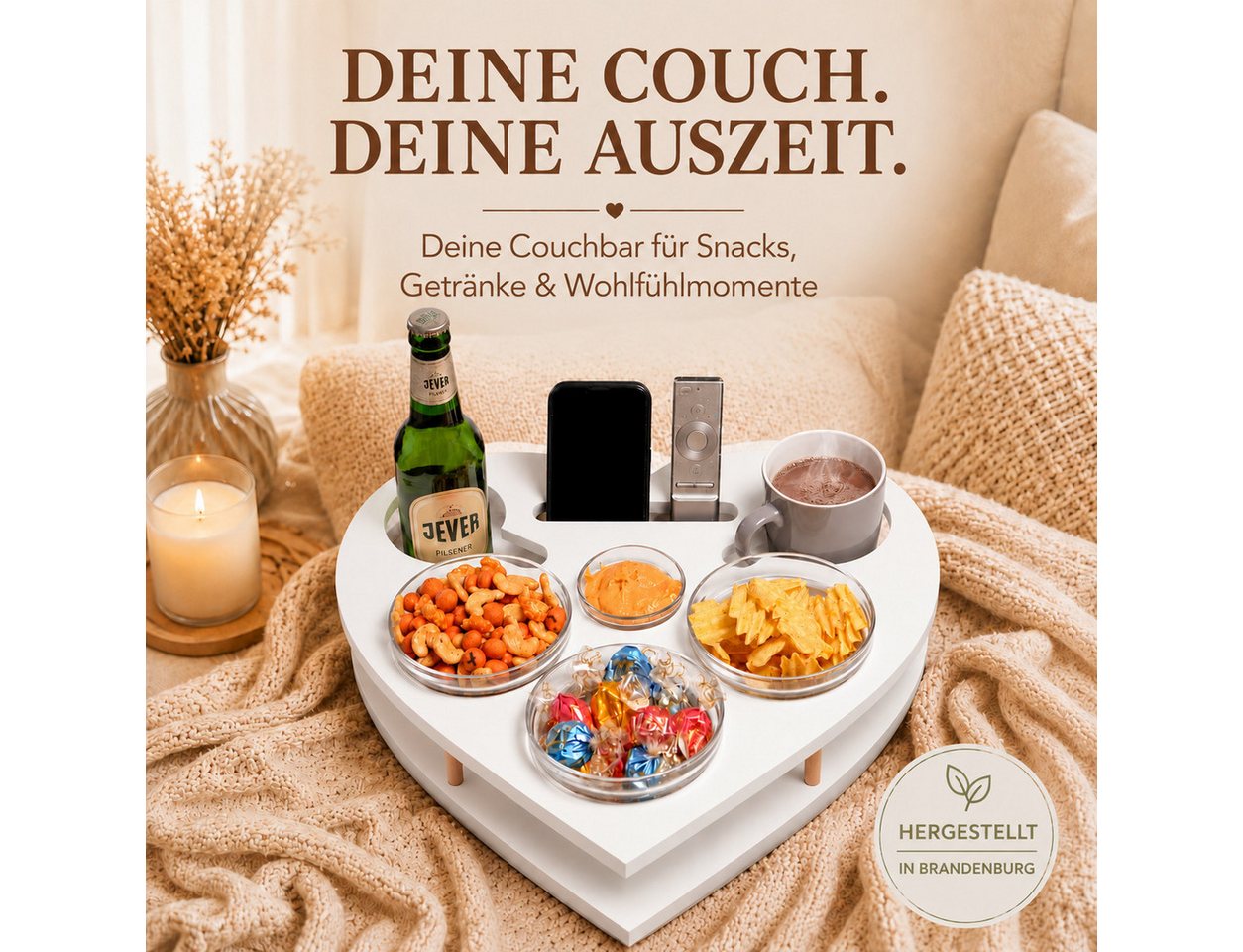 PEGSEN Servierplatte Couchbar Snackbox Herz mit 4 Snackschalen Sofa Tablett, Birkenholz, (Geschenkset inkl. Geschenkkarton, 5-tlg., lebensmittelechte Glasschale – Bild 3 von 5