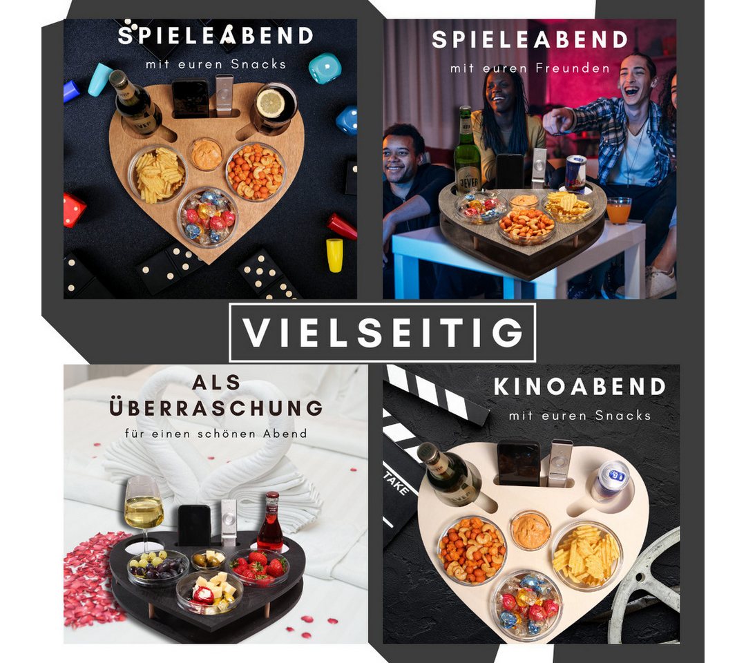 PEGSEN Servierplatte Couchbar Snackbox Herz mit 4 Snackschalen Sofa Tablett, Birkenholz, (Geschenkset inkl. Geschenkkarton, 5-tlg., lebensmittelechte Glasschale – Bild 5 von 5