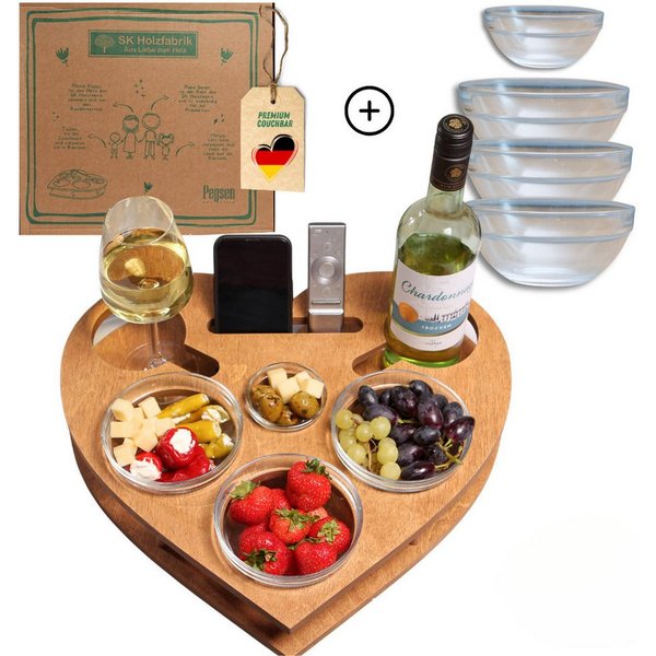 PEGSEN Servierplatte Couchbar Snackbox Herz mit 4 Snackschalen Sofa Tablett, Birkenholz, (Geschenkset inkl. Geschenkkarton, 5-tlg., lebensmittelechte Glasschale