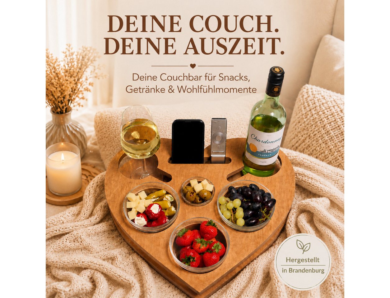 PEGSEN Servierplatte Couchbar Snackbox Herz mit 4 Snackschalen Sofa Tablett, Birkenholz, (Geschenkset inkl. Geschenkkarton, 5-tlg., lebensmittelechte Glasschale – Bild 2 von 5