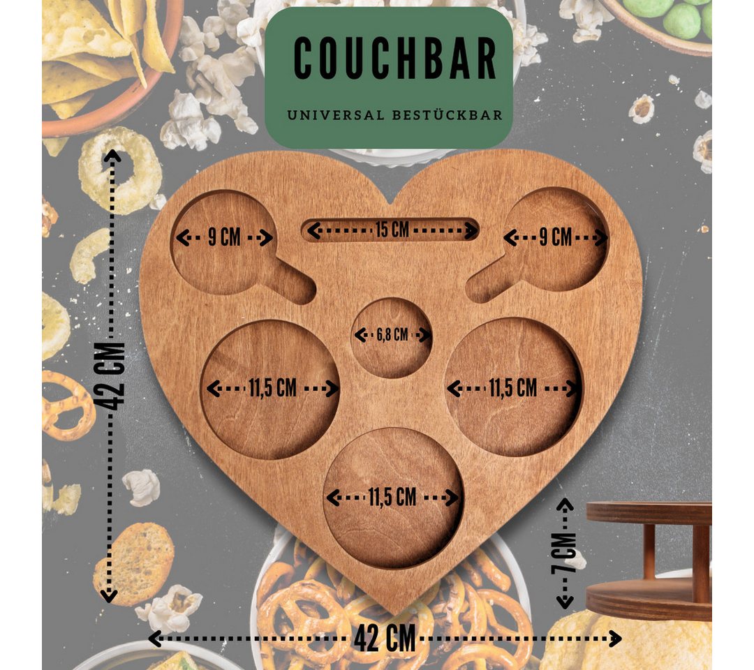 PEGSEN Servierplatte Couchbar Snackbox Herz mit 4 Snackschalen Sofa Tablett, Birkenholz, (Geschenkset inkl. Geschenkkarton, 5-tlg., lebensmittelechte Glasschale – Bild 3 von 5
