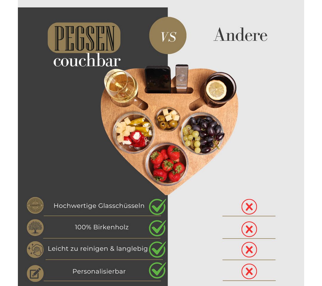 PEGSEN Servierplatte Couchbar Snackbox Herz mit 4 Snackschalen Sofa Tablett, Birkenholz, (Geschenkset inkl. Geschenkkarton, 5-tlg., lebensmittelechte Glasschale – Bild 4 von 5