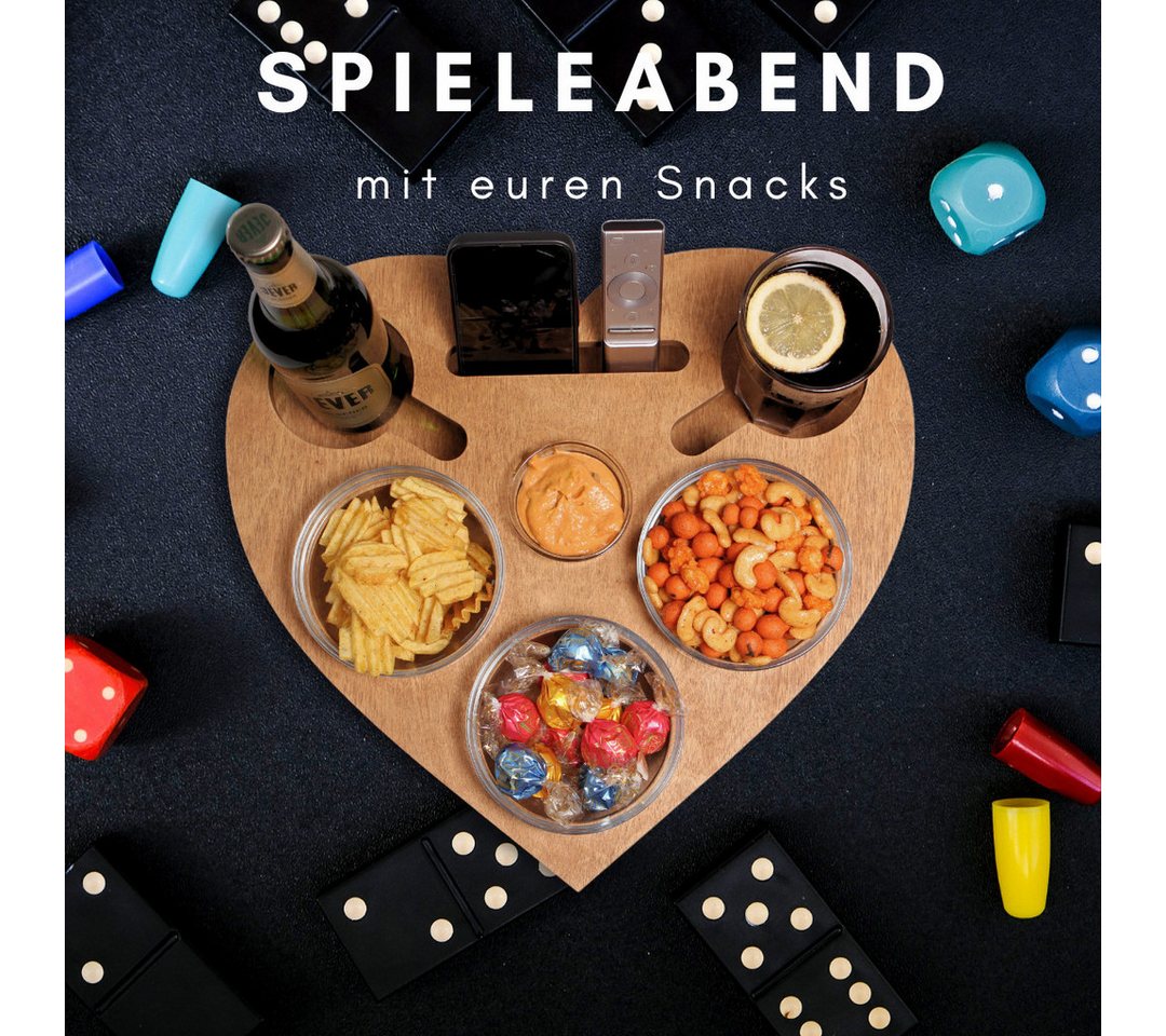 PEGSEN Servierplatte Couchbar Snackbox Herz mit 4 Snackschalen Sofa Tablett, Birkenholz, (Geschenkset inkl. Geschenkkarton, 5-tlg., lebensmittelechte Glasschale – Bild 5 von 5