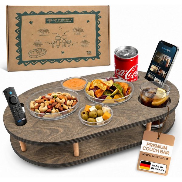 PEGSEN Servierplatte Couchbar Snackbox mit 4 Snackschalen Couch Tablett, Birkenholz, (Set, 5-tlg., 4x Glasschalen), Getränke & Snacks stehen stabil
